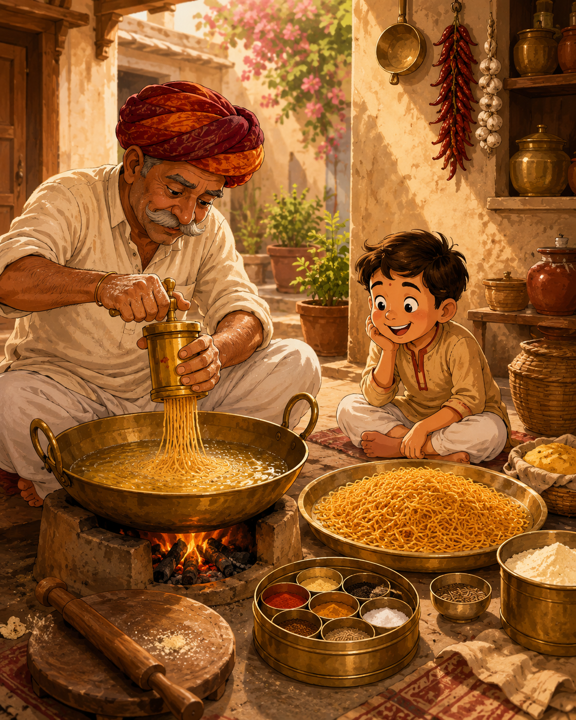 Traditional Rajasthani halwai making bhujia by hand